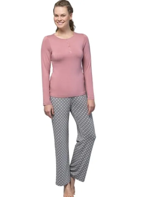 Pyjamas-Blackspade Noir Olivia Long Sleeve Pyjama Set Dusky Pink Grey Spot