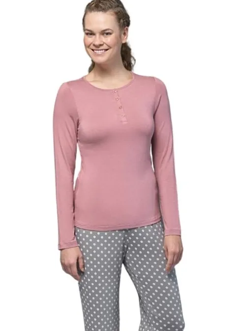 Pyjamas-Blackspade Noir Olivia Long Sleeve Pyjama Set Dusky Pink Grey Spot