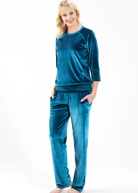 Pyjamas-Blackspade Velvet Round Neck Pyjama Set Petrol Green