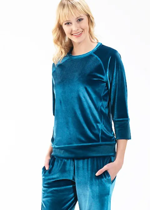 Pyjamas-Blackspade Velvet Round Neck Pyjama Set Petrol Green