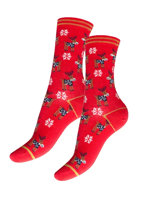 Socks-Charnos All Over Reindeer Socks Red Mix