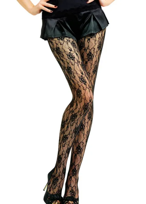 Tights-Jonathan Aston Sweet Roses Lace Tights Black