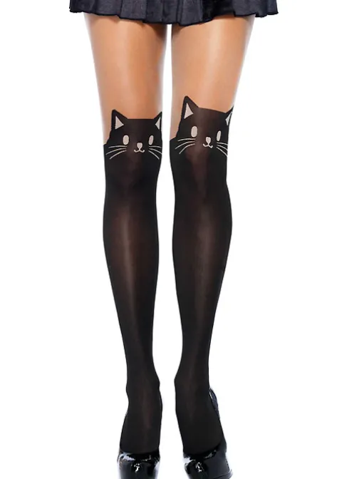 Tights-Leg Avenue Black Cat Opaque Thigh High Tights Nude Black