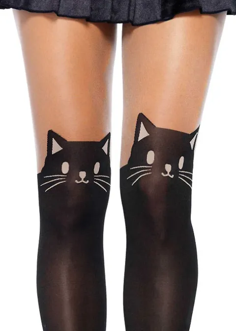 Tights-Leg Avenue Black Cat Opaque Thigh High Tights Nude Black