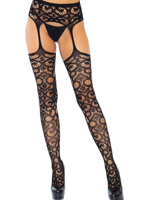 Tights-Leg Avenue Gia Lace Garter Belt Stockings Black