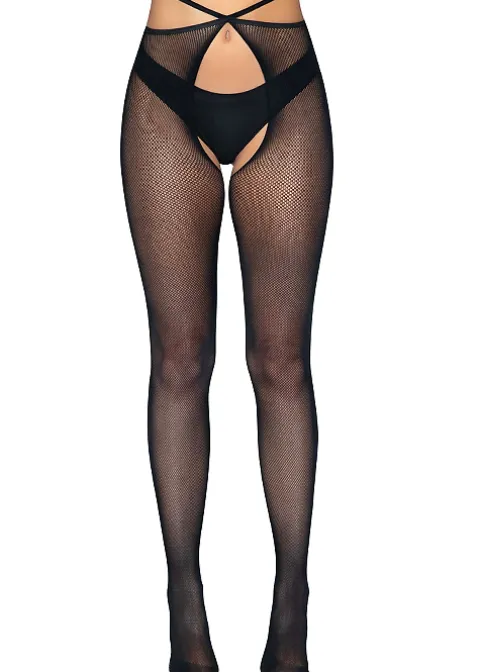 Tights-Leg Avenue Strappy Crotchless Fishnet Tights Black