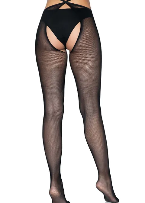 Tights-Leg Avenue Strappy Crotchless Fishnet Tights Black