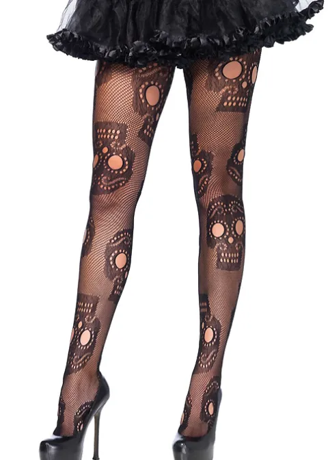 Tights-Leg Avenue Sugar Skull Fishnet Tights Black