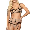 Suspender Belts-Mary Portas Mapale Bare Mesh Bra With Matching Garter And Thong Nude Black