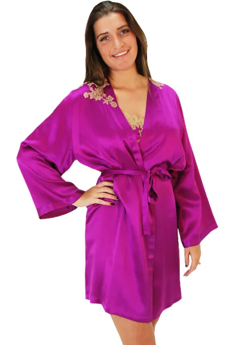 Robes And Kimonos-Marjolaine Silk And French Lace Short Robe Orchid Orchid Honey