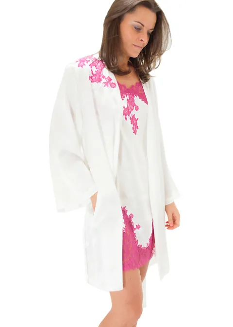 Robes And Kimonos-Marjolaine Silk And French Lace Short Robe Ivory Ivory Fuchsia