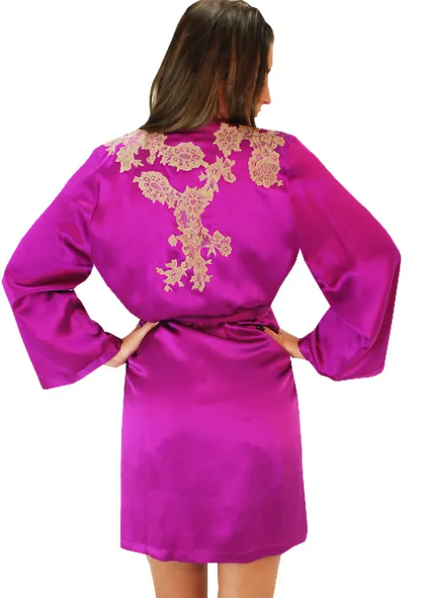 Robes And Kimonos-Marjolaine Silk And French Lace Short Robe Orchid Orchid Honey