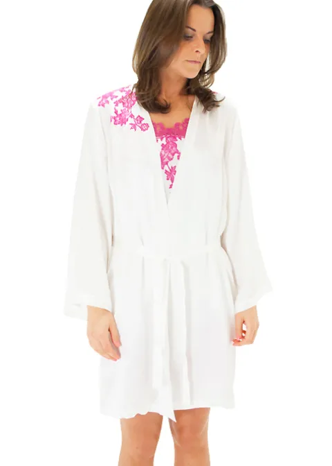 Robes And Kimonos-Marjolaine Silk And French Lace Short Robe Ivory Ivory Fuchsia