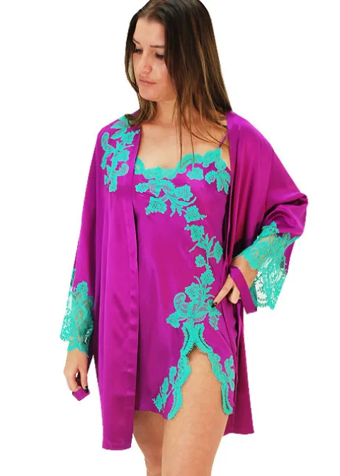 Robes And Kimonos-Marjolaine Tentation Silk And French Lace Short Robe Orchid Orchid Mint