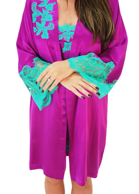 Robes And Kimonos-Marjolaine Tentation Silk And French Lace Short Robe Orchid Orchid Mint