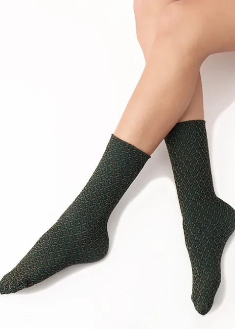 Ankle Highs-Oroblu Texture Jacquard Ankle High Green Jacquard