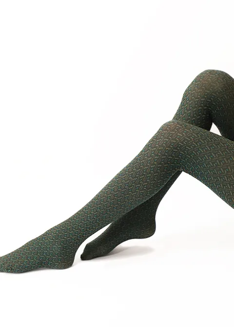 Tights-Oroblu Texture Jacquard Tights Green Jacquard