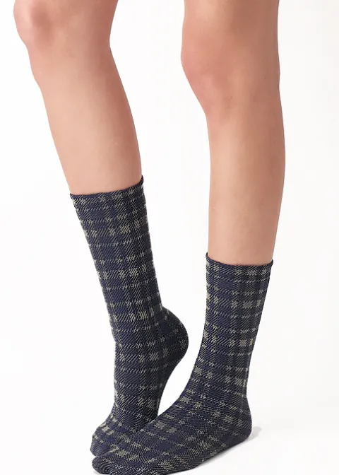 Ankle Highs-Oroblu Texture Tartan Ankle High Blue Tartan