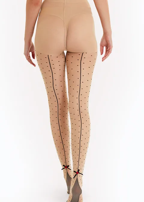 Tights-Playful Promises Dotty Seamed Tights With Bow Beige Black