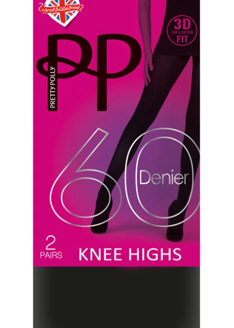 Knee Highs-Pretty Polly 60 Denier New 3D Opaque Knee Highs 2 Pair Pack Black