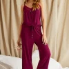 Pyjamas-Pretty You London Bamboo Lace Cami And Cropped Trouser Pyjama Set Bordeaux