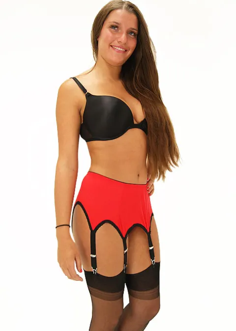 Suspender Belts-Sassy 6 Strap Plain Suspender Belt Red