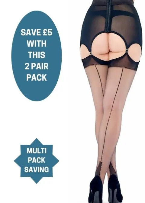 Stockings-Vickys Nylons Oh La La Rht Cuban Heel Seamed Stockings 2 Pair Pack Black